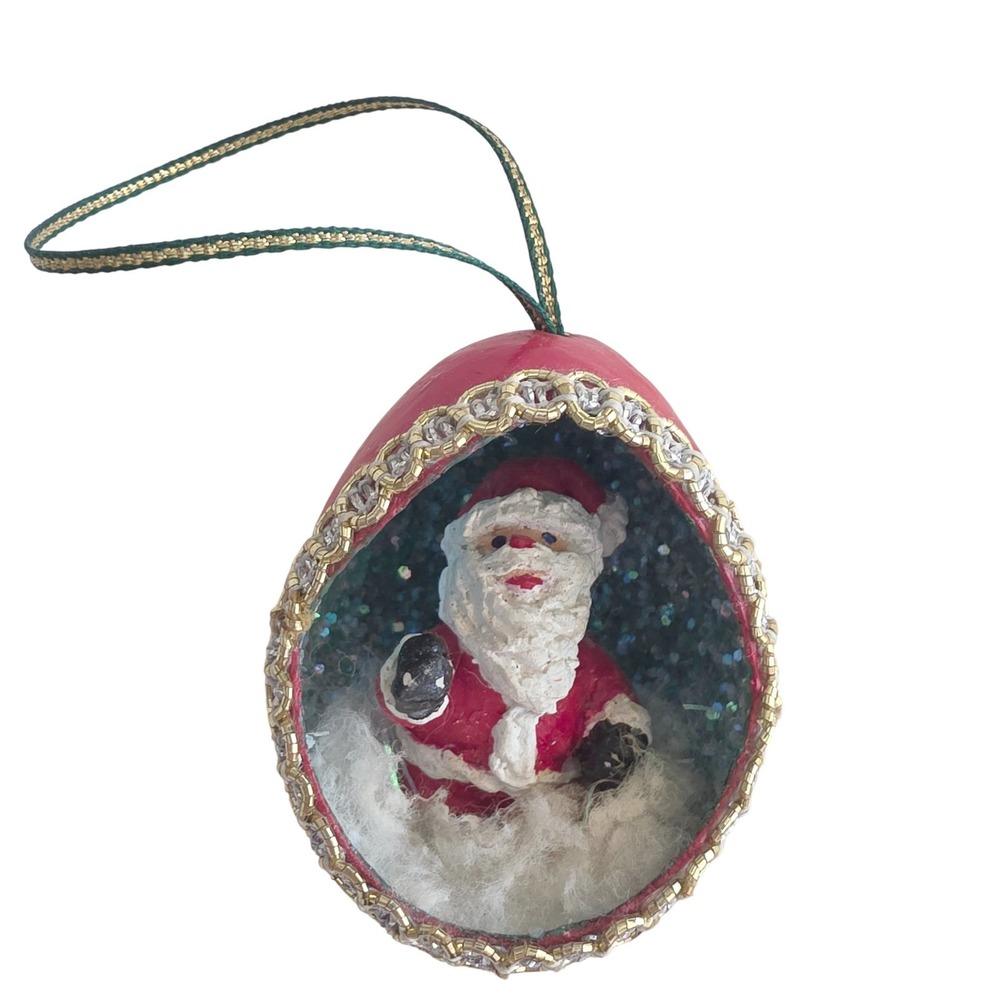 Handmade Real Egg Red Diorama Christmas Ornament Santa Claus Glitter 2.3in